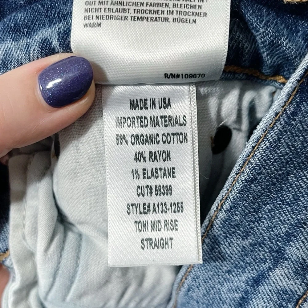 Agolde Toni Mid Rise Straight Jeans Medium Blue Size 24 Distressed
